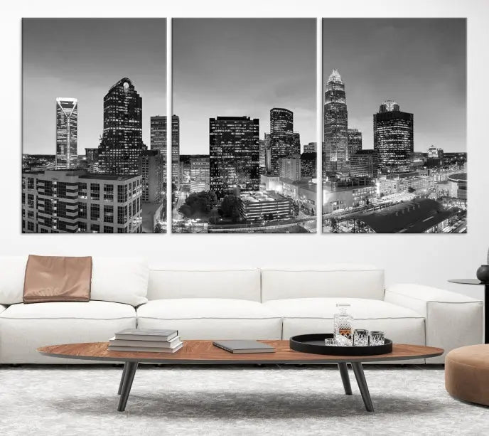 A Charlotte City Cloudy Skyline Black and White Wall Art cityscape canvas print, elegantly gallery-wrapped on museum-quality material, hangs beautifully. This stunning artwork can transform any dimly lit room into an elegant space, with the added bonus of free shipping.