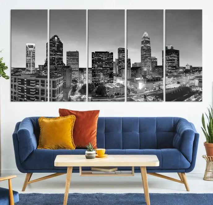 A Charlotte City Cloudy Skyline Black and White Wall Art cityscape canvas print, elegantly gallery-wrapped on museum-quality material, hangs beautifully. This stunning artwork can transform any dimly lit room into an elegant space, with the added bonus of free shipping.