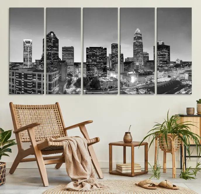 A Charlotte City Cloudy Skyline Black and White Wall Art cityscape canvas print, elegantly gallery-wrapped on museum-quality material, hangs beautifully. This stunning artwork can transform any dimly lit room into an elegant space, with the added bonus of free shipping.