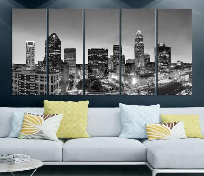 A Charlotte City Cloudy Skyline Black and White Wall Art cityscape canvas print, elegantly gallery-wrapped on museum-quality material, hangs beautifully. This stunning artwork can transform any dimly lit room into an elegant space, with the added bonus of free shipping.