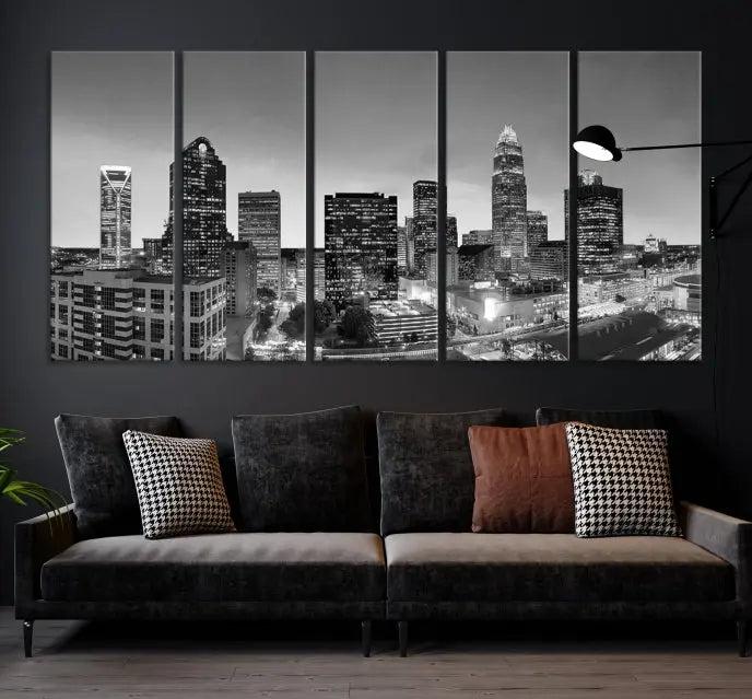 A Charlotte City Cloudy Skyline Black and White Wall Art cityscape canvas print, elegantly gallery-wrapped on museum-quality material, hangs beautifully. This stunning artwork can transform any dimly lit room into an elegant space, with the added bonus of free shipping.