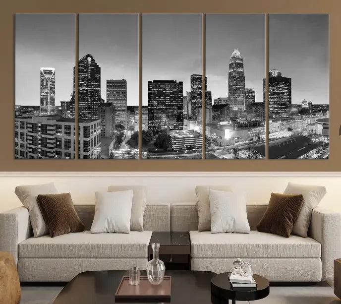 A Charlotte City Cloudy Skyline Black and White Wall Art cityscape canvas print, elegantly gallery-wrapped on museum-quality material, hangs beautifully. This stunning artwork can transform any dimly lit room into an elegant space, with the added bonus of free shipping.