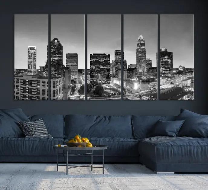 A Charlotte City Cloudy Skyline Black and White Wall Art cityscape canvas print, elegantly gallery-wrapped on museum-quality material, hangs beautifully. This stunning artwork can transform any dimly lit room into an elegant space, with the added bonus of free shipping.