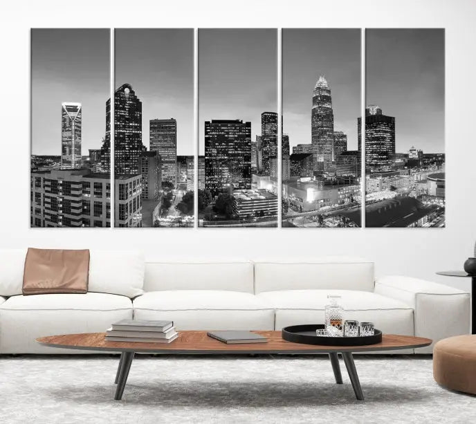 A Charlotte City Cloudy Skyline Black and White Wall Art cityscape canvas print, elegantly gallery-wrapped on museum-quality material, hangs beautifully. This stunning artwork can transform any dimly lit room into an elegant space, with the added bonus of free shipping.