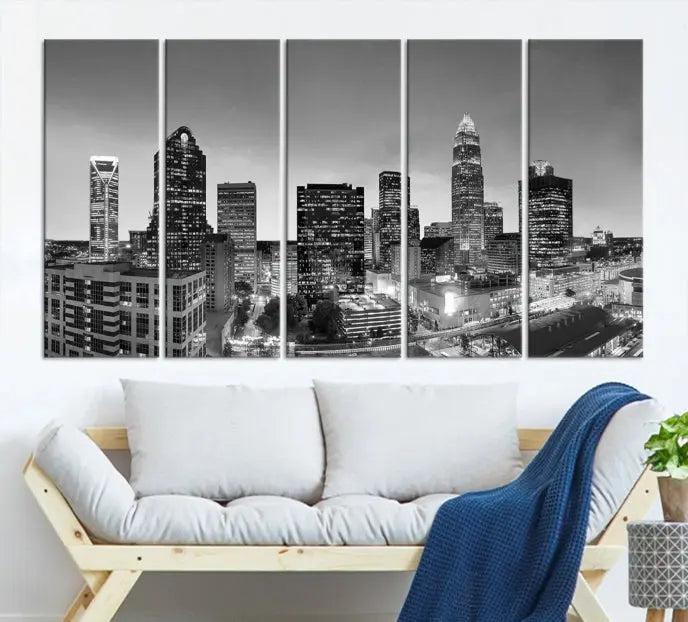 A Charlotte City Cloudy Skyline Black and White Wall Art cityscape canvas print, elegantly gallery-wrapped on museum-quality material, hangs beautifully. This stunning artwork can transform any dimly lit room into an elegant space, with the added bonus of free shipping.