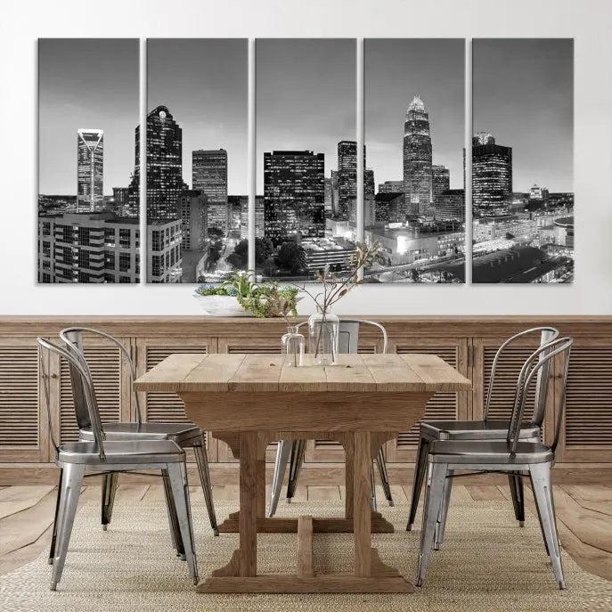 A Charlotte City Cloudy Skyline Black and White Wall Art cityscape canvas print, elegantly gallery-wrapped on museum-quality material, hangs beautifully. This stunning artwork can transform any dimly lit room into an elegant space, with the added bonus of free shipping.