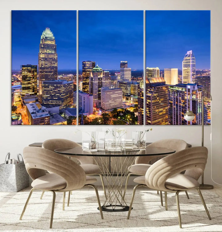 The living room features the "Charlotte City Lights Night Blue Skyline Cityscape View Wall Art Canvas Print" on museum-quality canvas with a UV-protective coating. Cozy and modern decor complements the ready-to-hang look.