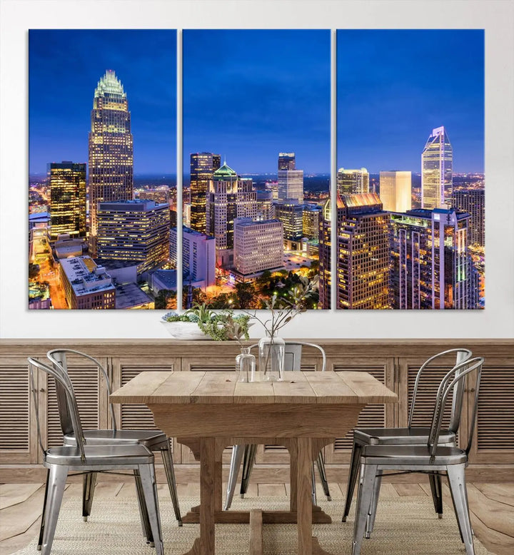 The living room features the "Charlotte City Lights Night Blue Skyline Cityscape View Wall Art Canvas Print" on museum-quality canvas with a UV-protective coating. Cozy and modern decor complements the ready-to-hang look.