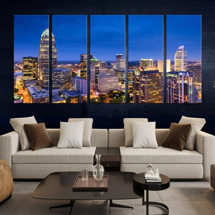 The living room features the "Charlotte City Lights Night Blue Skyline Cityscape View Wall Art Canvas Print" on museum-quality canvas with a UV-protective coating. Cozy and modern decor complements the ready-to-hang look.