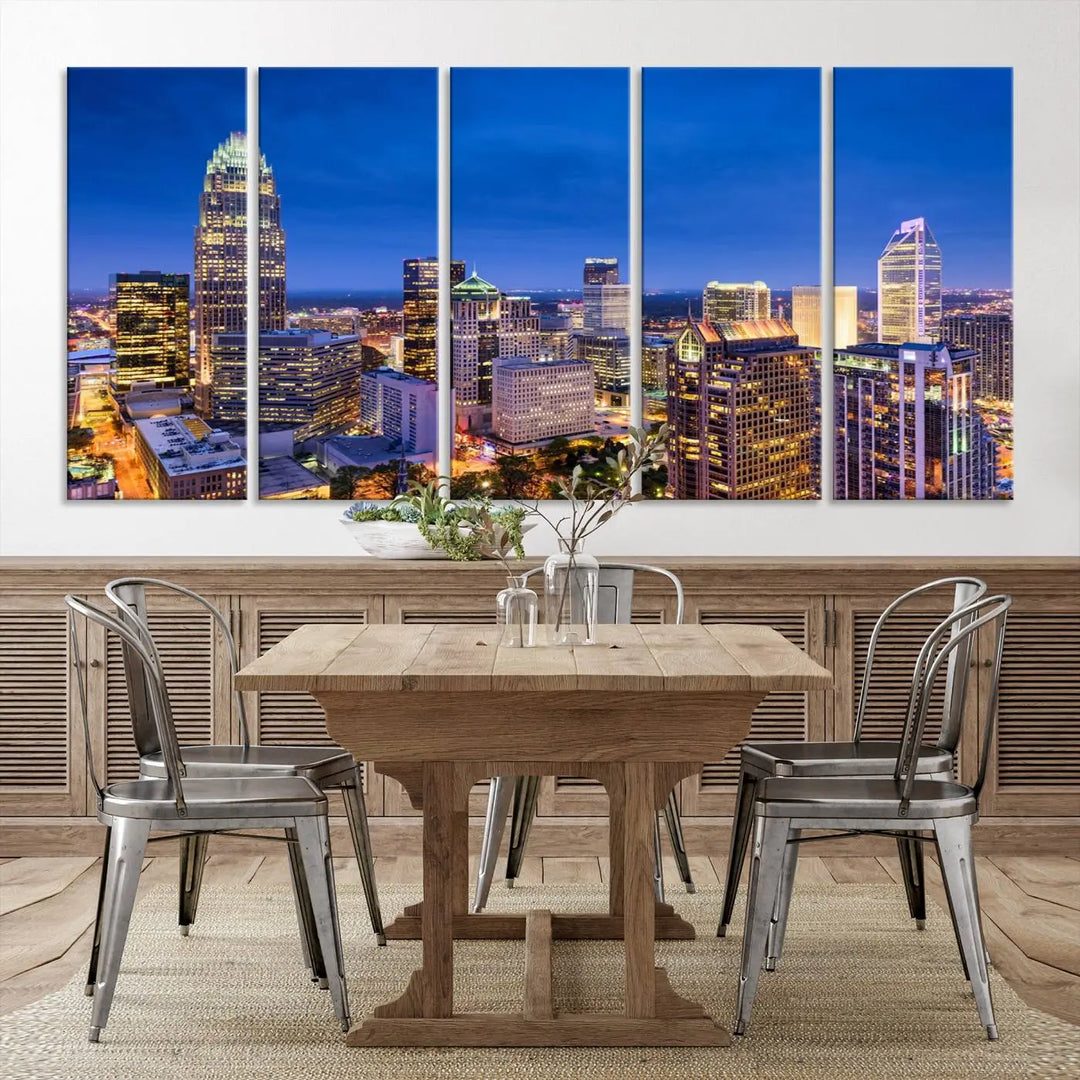 The living room features the "Charlotte City Lights Night Blue Skyline Cityscape View Wall Art Canvas Print" on museum-quality canvas with a UV-protective coating. Cozy and modern decor complements the ready-to-hang look.