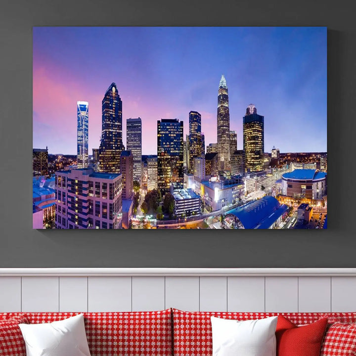 The living room features the "Charlotte City Lights Sunset Purple Skyline Cityscape View Wall Art Canvas Print," a mesmerizing depiction of a city skyline at sunset split into five panels on museum-quality canvas. This gallery-wrapped artwork is enhanced with a UV-protective coating, ensuring that its captivating colors stay vibrant for years.