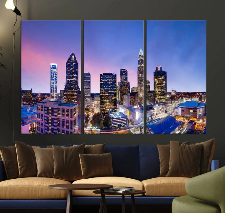 The living room features the "Charlotte City Lights Sunset Purple Skyline Cityscape View Wall Art Canvas Print," a mesmerizing depiction of a city skyline at sunset split into five panels on museum-quality canvas. This gallery-wrapped artwork is enhanced with a UV-protective coating, ensuring that its captivating colors stay vibrant for years.