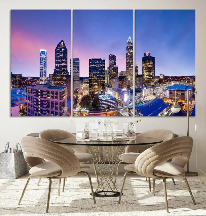 The living room features the "Charlotte City Lights Sunset Purple Skyline Cityscape View Wall Art Canvas Print," a mesmerizing depiction of a city skyline at sunset split into five panels on museum-quality canvas. This gallery-wrapped artwork is enhanced with a UV-protective coating, ensuring that its captivating colors stay vibrant for years.