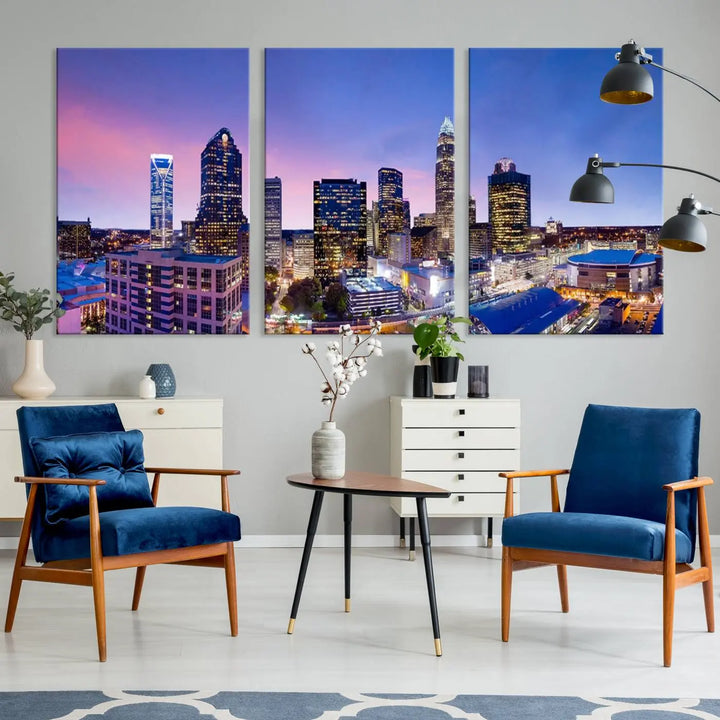 The living room features the "Charlotte City Lights Sunset Purple Skyline Cityscape View Wall Art Canvas Print," a mesmerizing depiction of a city skyline at sunset split into five panels on museum-quality canvas. This gallery-wrapped artwork is enhanced with a UV-protective coating, ensuring that its captivating colors stay vibrant for years.