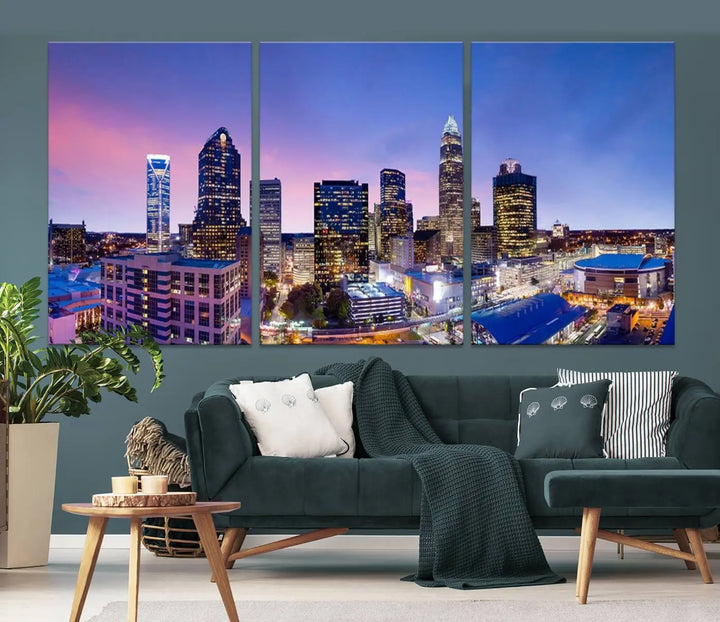 The living room features the "Charlotte City Lights Sunset Purple Skyline Cityscape View Wall Art Canvas Print," a mesmerizing depiction of a city skyline at sunset split into five panels on museum-quality canvas. This gallery-wrapped artwork is enhanced with a UV-protective coating, ensuring that its captivating colors stay vibrant for years.