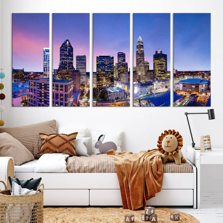 The living room features the "Charlotte City Lights Sunset Purple Skyline Cityscape View Wall Art Canvas Print," a mesmerizing depiction of a city skyline at sunset split into five panels on museum-quality canvas. This gallery-wrapped artwork is enhanced with a UV-protective coating, ensuring that its captivating colors stay vibrant for years.