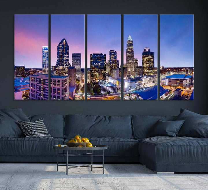 The living room features the "Charlotte City Lights Sunset Purple Skyline Cityscape View Wall Art Canvas Print," a mesmerizing depiction of a city skyline at sunset split into five panels on museum-quality canvas. This gallery-wrapped artwork is enhanced with a UV-protective coating, ensuring that its captivating colors stay vibrant for years.