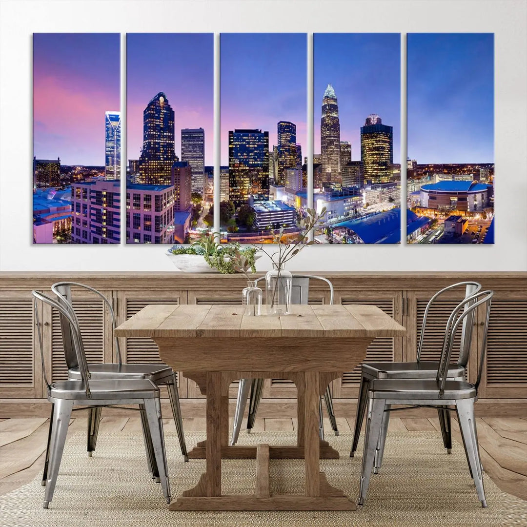 The living room features the "Charlotte City Lights Sunset Purple Skyline Cityscape View Wall Art Canvas Print," a mesmerizing depiction of a city skyline at sunset split into five panels on museum-quality canvas. This gallery-wrapped artwork is enhanced with a UV-protective coating, ensuring that its captivating colors stay vibrant for years.