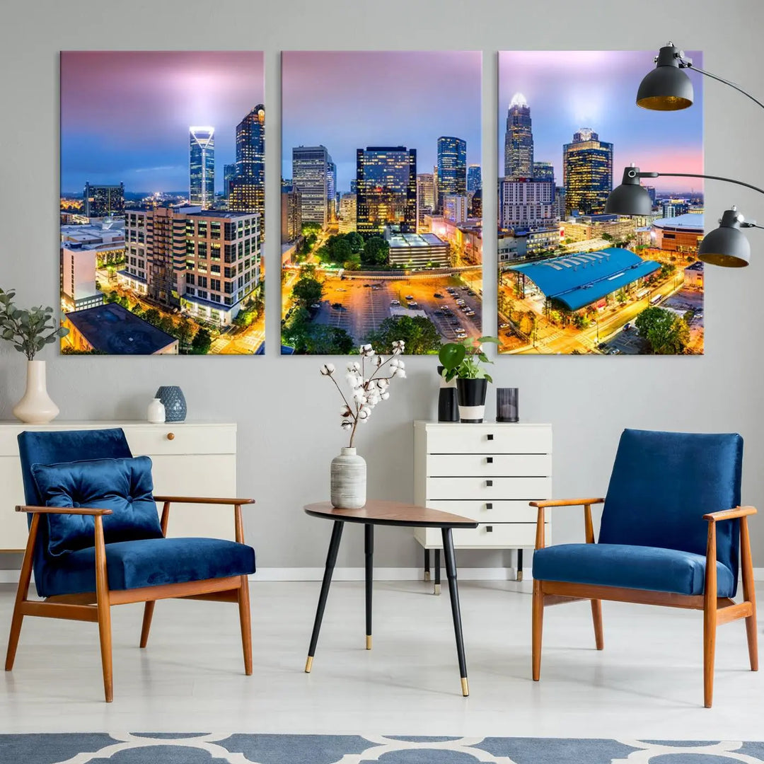 The "Charlotte City Lights Sunset Purple Skyline Cityscape View Wall Art Canvas Print" features a triptych of a vibrant city skyline at dusk, highlighting illuminated skyscrapers and urban streets. This artwork is crafted on museum-quality polycotton canvas, with its gallery-wrapped design ensuring durability and visual appeal for years to come.