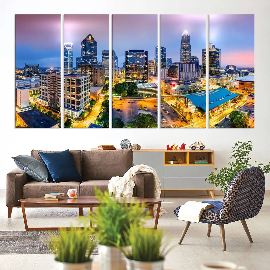 The "Charlotte City Lights Sunset Purple Skyline Cityscape View Wall Art Canvas Print" features a triptych of a vibrant city skyline at dusk, highlighting illuminated skyscrapers and urban streets. This artwork is crafted on museum-quality polycotton canvas, with its gallery-wrapped design ensuring durability and visual appeal for years to come.