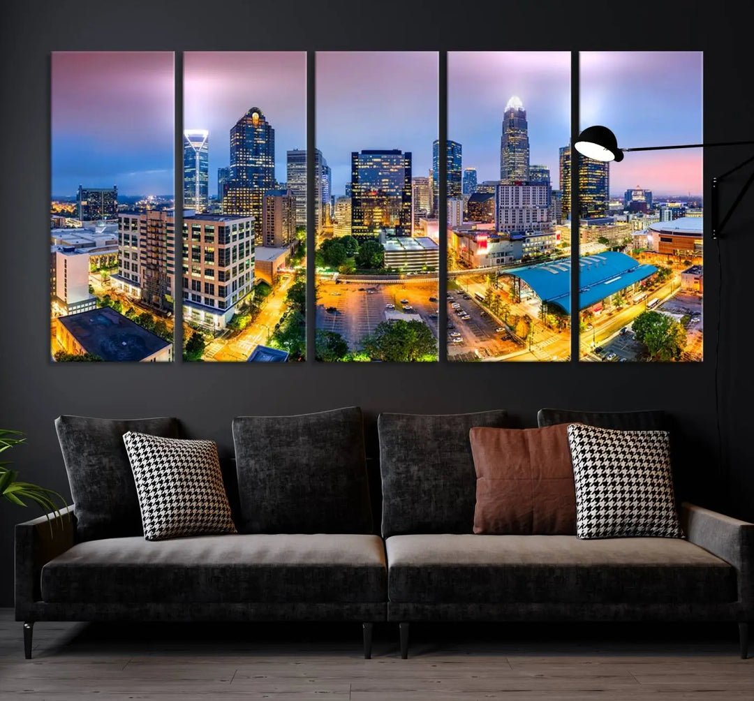 The "Charlotte City Lights Sunset Purple Skyline Cityscape View Wall Art Canvas Print" features a triptych of a vibrant city skyline at dusk, highlighting illuminated skyscrapers and urban streets. This artwork is crafted on museum-quality polycotton canvas, with its gallery-wrapped design ensuring durability and visual appeal for years to come.