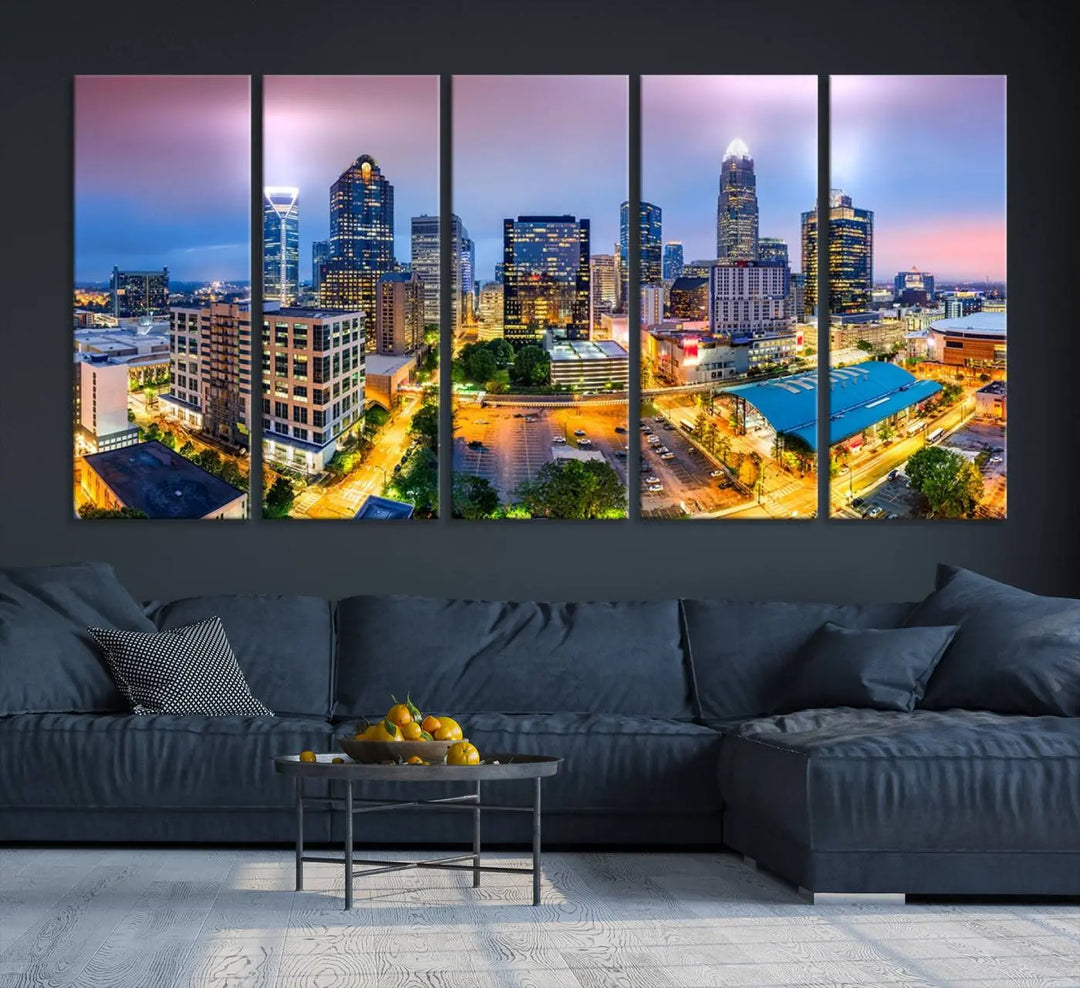 The "Charlotte City Lights Sunset Purple Skyline Cityscape View Wall Art Canvas Print" features a triptych of a vibrant city skyline at dusk, highlighting illuminated skyscrapers and urban streets. This artwork is crafted on museum-quality polycotton canvas, with its gallery-wrapped design ensuring durability and visual appeal for years to come.