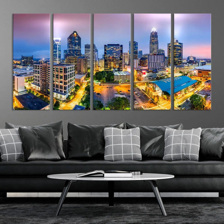 The "Charlotte City Lights Sunset Purple Skyline Cityscape View Wall Art Canvas Print" features a triptych of a vibrant city skyline at dusk, highlighting illuminated skyscrapers and urban streets. This artwork is crafted on museum-quality polycotton canvas, with its gallery-wrapped design ensuring durability and visual appeal for years to come.