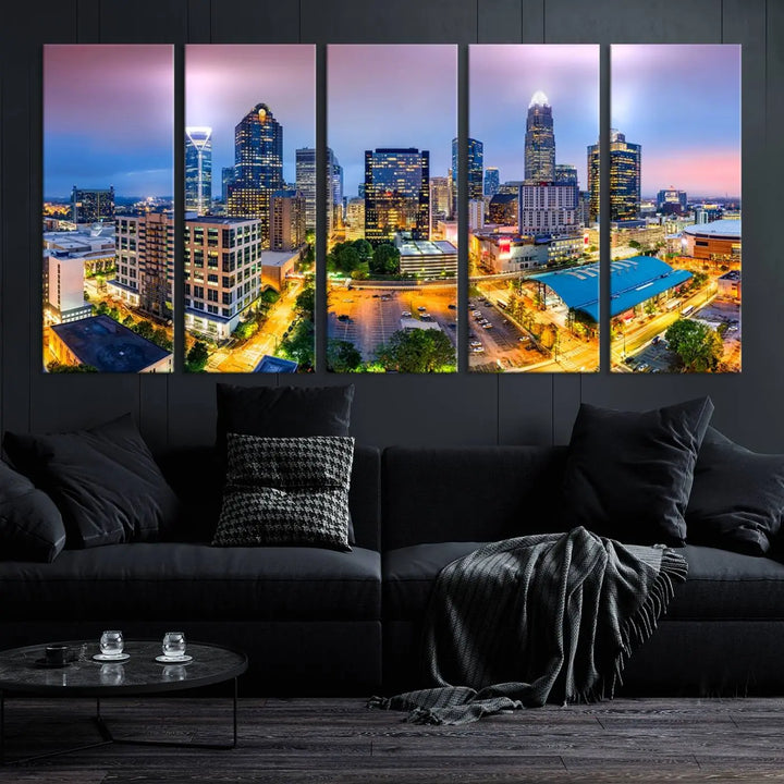 The "Charlotte City Lights Sunset Purple Skyline Cityscape View Wall Art Canvas Print" features a triptych of a vibrant city skyline at dusk, highlighting illuminated skyscrapers and urban streets. This artwork is crafted on museum-quality polycotton canvas, with its gallery-wrapped design ensuring durability and visual appeal for years to come.