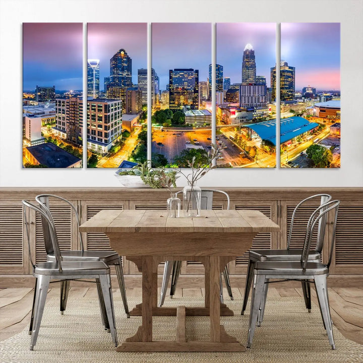 The "Charlotte City Lights Sunset Purple Skyline Cityscape View Wall Art Canvas Print" features a triptych of a vibrant city skyline at dusk, highlighting illuminated skyscrapers and urban streets. This artwork is crafted on museum-quality polycotton canvas, with its gallery-wrapped design ensuring durability and visual appeal for years to come.