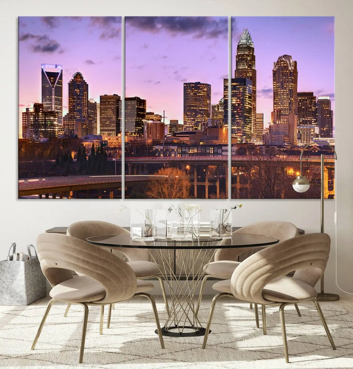 The "Charlotte City Lights Sunset Purple Skyline Cityscape View Wall Art Canvas Print" adorns the modern living room. This museum-quality piece is ready to hang and features a UV-protective coating to preserve its vibrant colors for years.