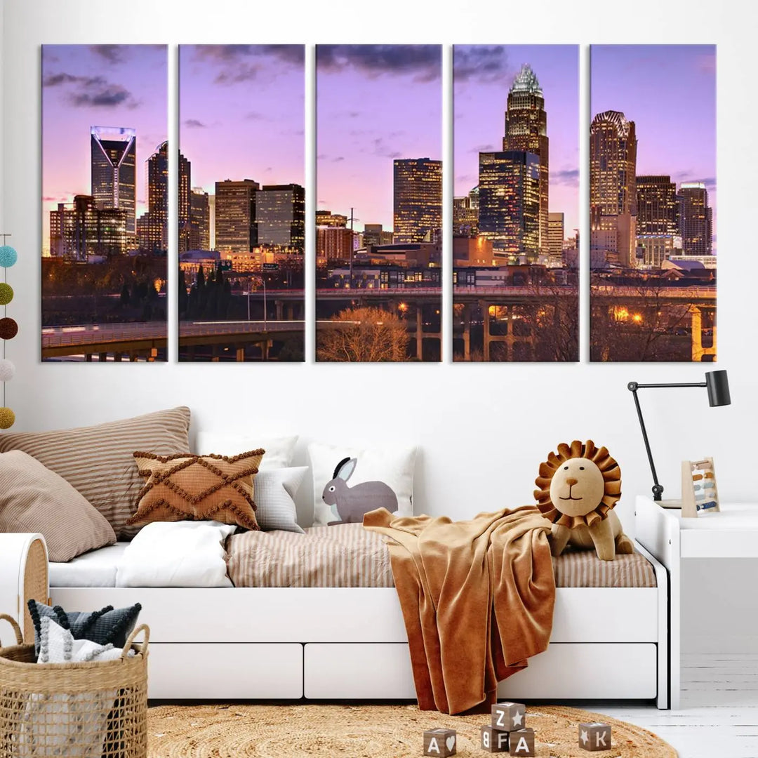 The "Charlotte City Lights Sunset Purple Skyline Cityscape View Wall Art Canvas Print" adorns the modern living room. This museum-quality piece is ready to hang and features a UV-protective coating to preserve its vibrant colors for years.