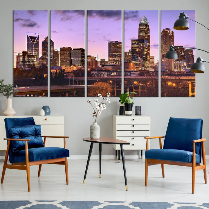 The "Charlotte City Lights Sunset Purple Skyline Cityscape View Wall Art Canvas Print" adorns the modern living room. This museum-quality piece is ready to hang and features a UV-protective coating to preserve its vibrant colors for years.