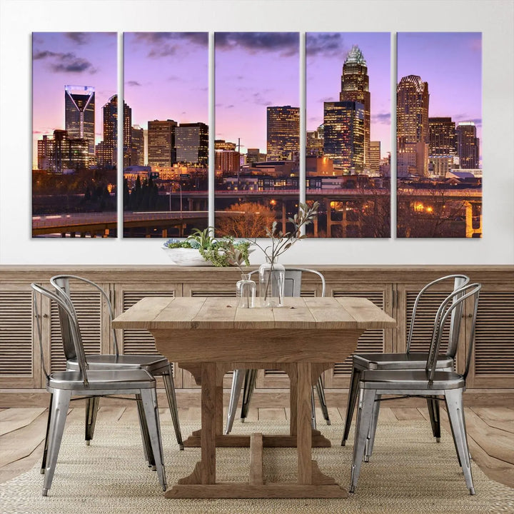 The "Charlotte City Lights Sunset Purple Skyline Cityscape View Wall Art Canvas Print" adorns the modern living room. This museum-quality piece is ready to hang and features a UV-protective coating to preserve its vibrant colors for years.