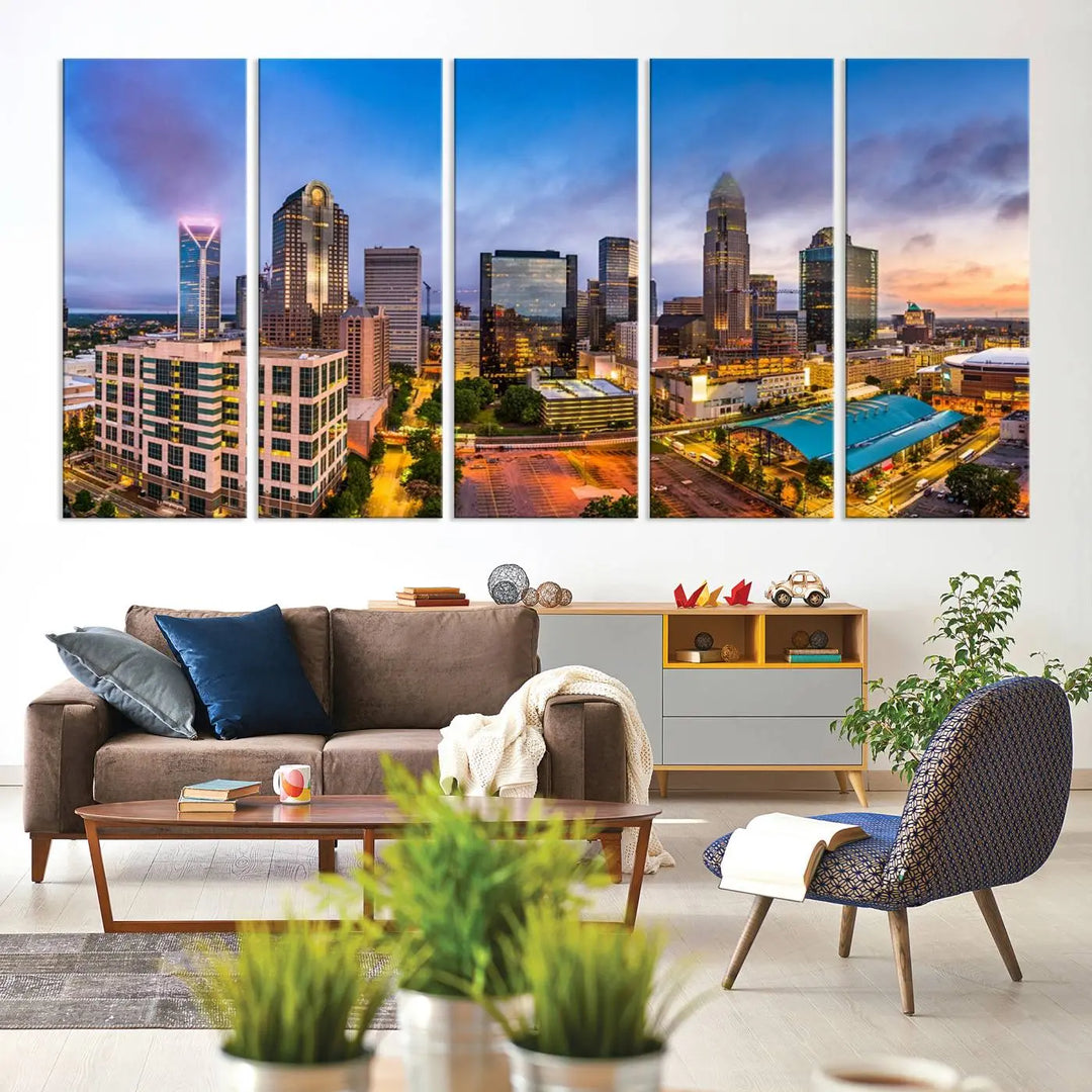 In the living room, a museum-quality, gallery-wrapped canvas titled "Charlotte City Lights Sunset Purple and Blue Skyline" showcases a stunning multi-panel cityscape. The artwork's UV-protective coating guarantees its brilliance for years to come.