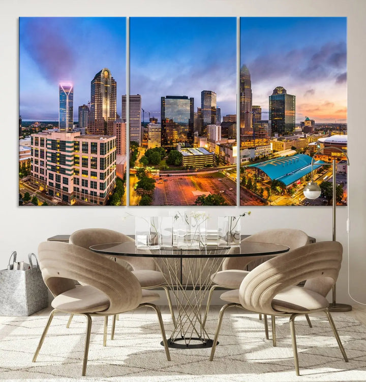 In the living room, a museum-quality, gallery-wrapped canvas titled "Charlotte City Lights Sunset Purple and Blue Skyline" showcases a stunning multi-panel cityscape. The artwork's UV-protective coating guarantees its brilliance for years to come.