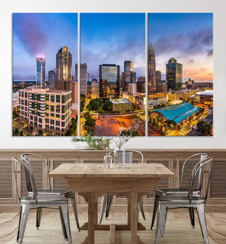 In the living room, a museum-quality, gallery-wrapped canvas titled "Charlotte City Lights Sunset Purple and Blue Skyline" showcases a stunning multi-panel cityscape. The artwork's UV-protective coating guarantees its brilliance for years to come.