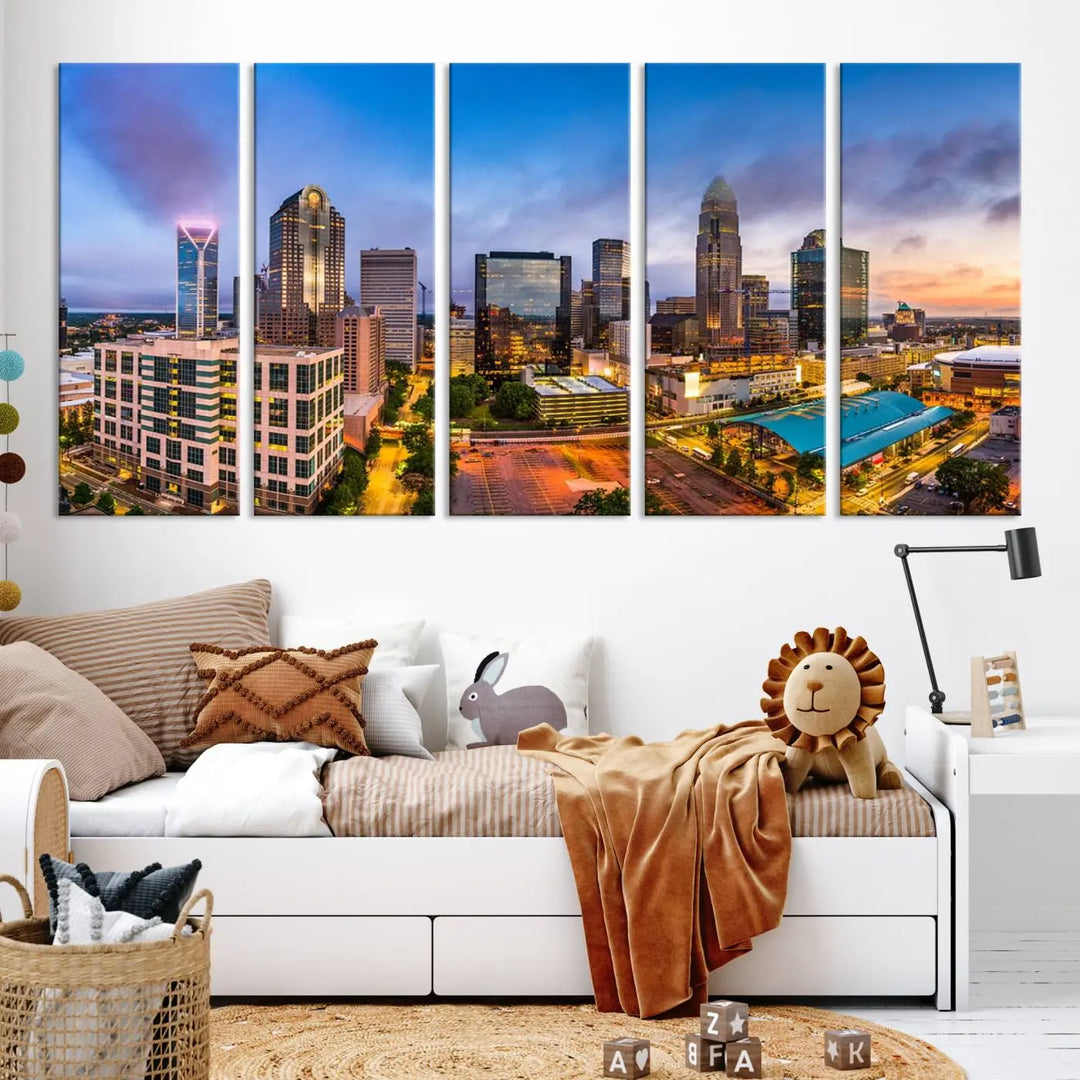 In the living room, a museum-quality, gallery-wrapped canvas titled "Charlotte City Lights Sunset Purple and Blue Skyline" showcases a stunning multi-panel cityscape. The artwork's UV-protective coating guarantees its brilliance for years to come.