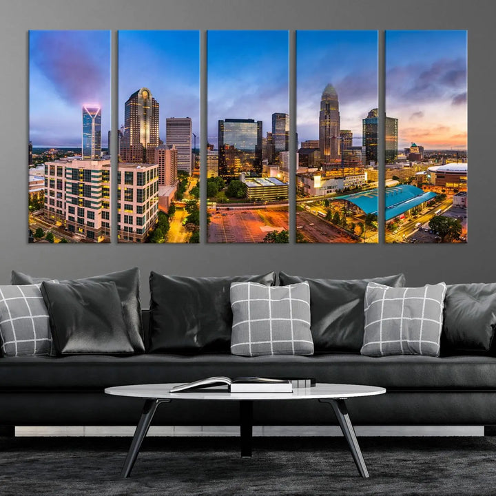 In the living room, a museum-quality, gallery-wrapped canvas titled "Charlotte City Lights Sunset Purple and Blue Skyline" showcases a stunning multi-panel cityscape. The artwork's UV-protective coating guarantees its brilliance for years to come.