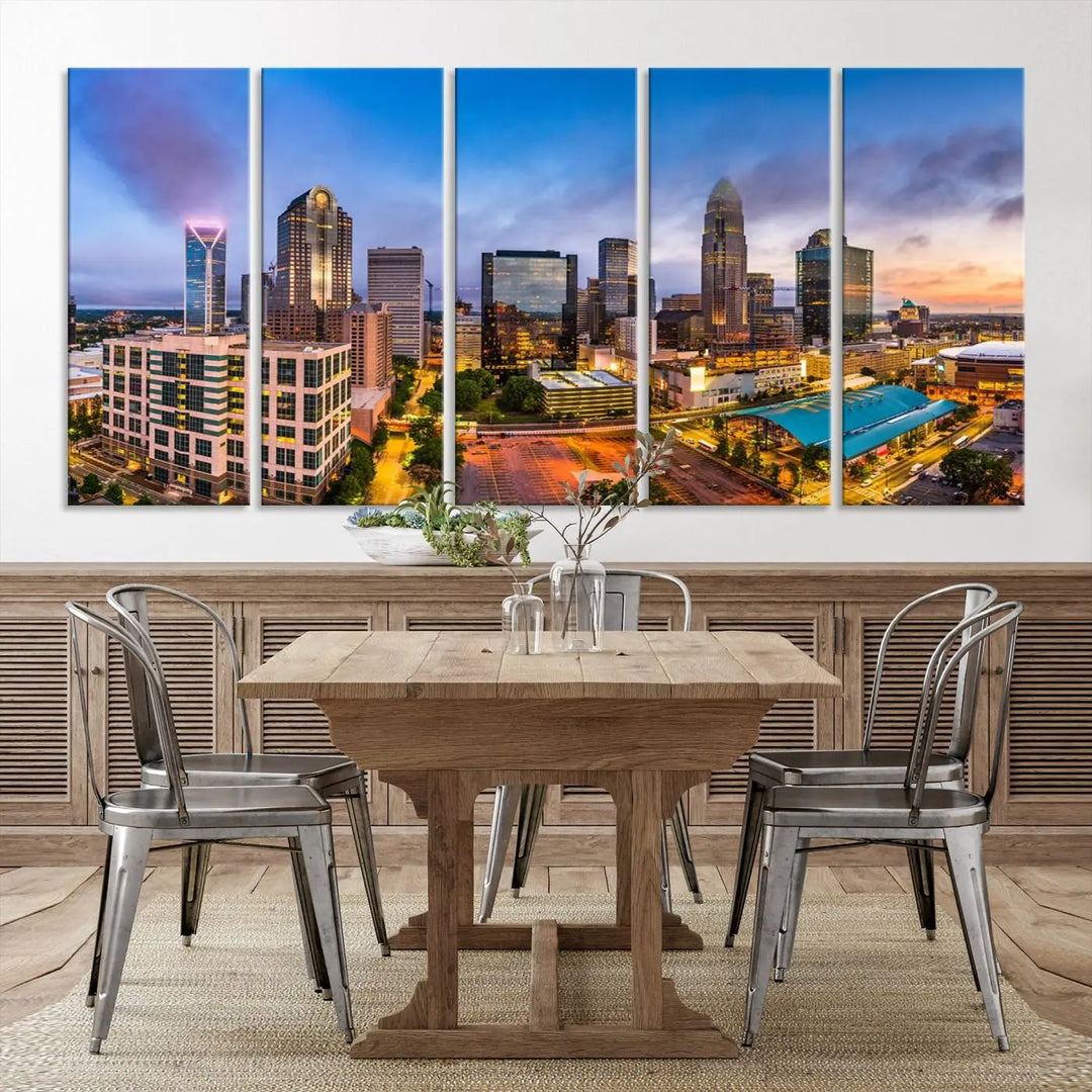 In the living room, a museum-quality, gallery-wrapped canvas titled "Charlotte City Lights Sunset Purple and Blue Skyline" showcases a stunning multi-panel cityscape. The artwork's UV-protective coating guarantees its brilliance for years to come.