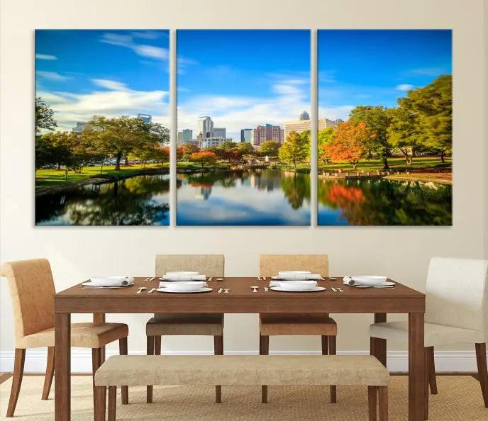 The Charlotte City Park at Spring Skyline Cityscape View Wall Art Canvas Print features a triptych of a city park scene with a calm lake, colorful autumn trees, and skyline. Crafted on museum-quality canvas and hand-assembled with a frame, this artwork is ready to hang and ideal for bringing elegance and serenity to your living space.