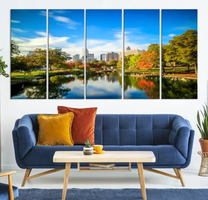 The Charlotte City Park at Spring Skyline Cityscape View Wall Art Canvas Print features a triptych of a city park scene with a calm lake, colorful autumn trees, and skyline. Crafted on museum-quality canvas and hand-assembled with a frame, this artwork is ready to hang and ideal for bringing elegance and serenity to your living space.