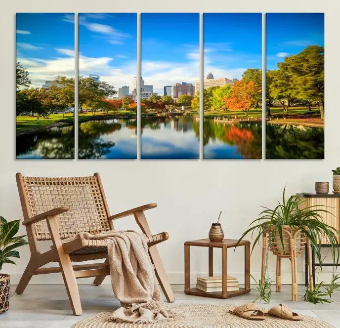 The Charlotte City Park at Spring Skyline Cityscape View Wall Art Canvas Print features a triptych of a city park scene with a calm lake, colorful autumn trees, and skyline. Crafted on museum-quality canvas and hand-assembled with a frame, this artwork is ready to hang and ideal for bringing elegance and serenity to your living space.