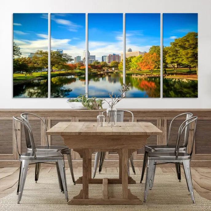 The Charlotte City Park at Spring Skyline Cityscape View Wall Art Canvas Print features a triptych of a city park scene with a calm lake, colorful autumn trees, and skyline. Crafted on museum-quality canvas and hand-assembled with a frame, this artwork is ready to hang and ideal for bringing elegance and serenity to your living space.