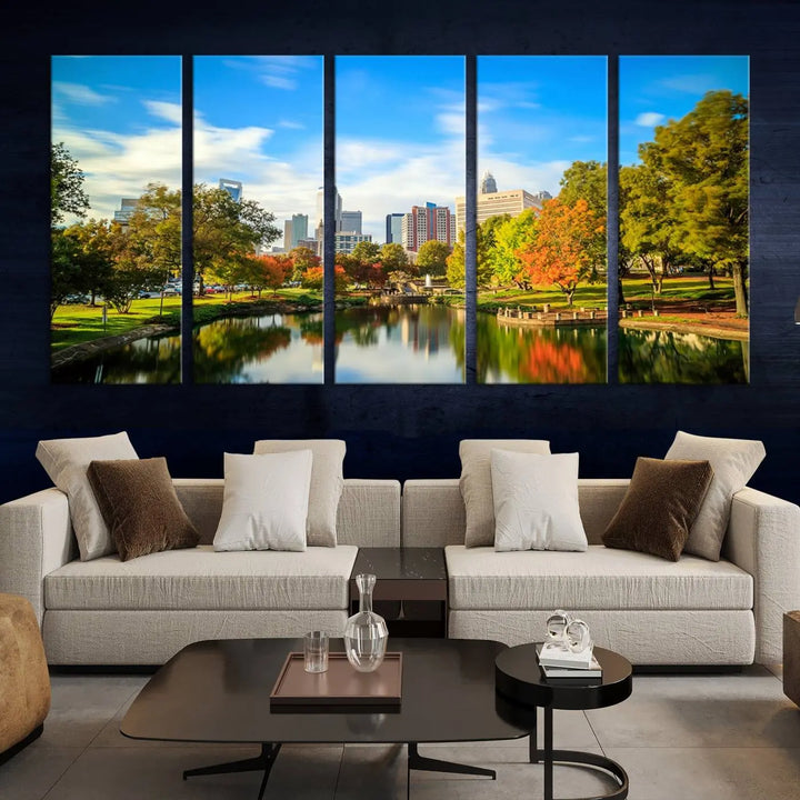 The Charlotte City Park at Spring Skyline Cityscape View wall art canvas print is a triptych featuring a scenic park with a lake and city skyline. It is gallery-wrapped on museum-quality canvases.