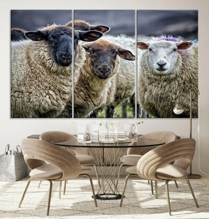 The Charming Sheep Portrait Wall Art, featuring a trio of woolly companions on a canvas print, framed and ready to hang, adds charm to your living space with its perfect farmhouse-style décor.