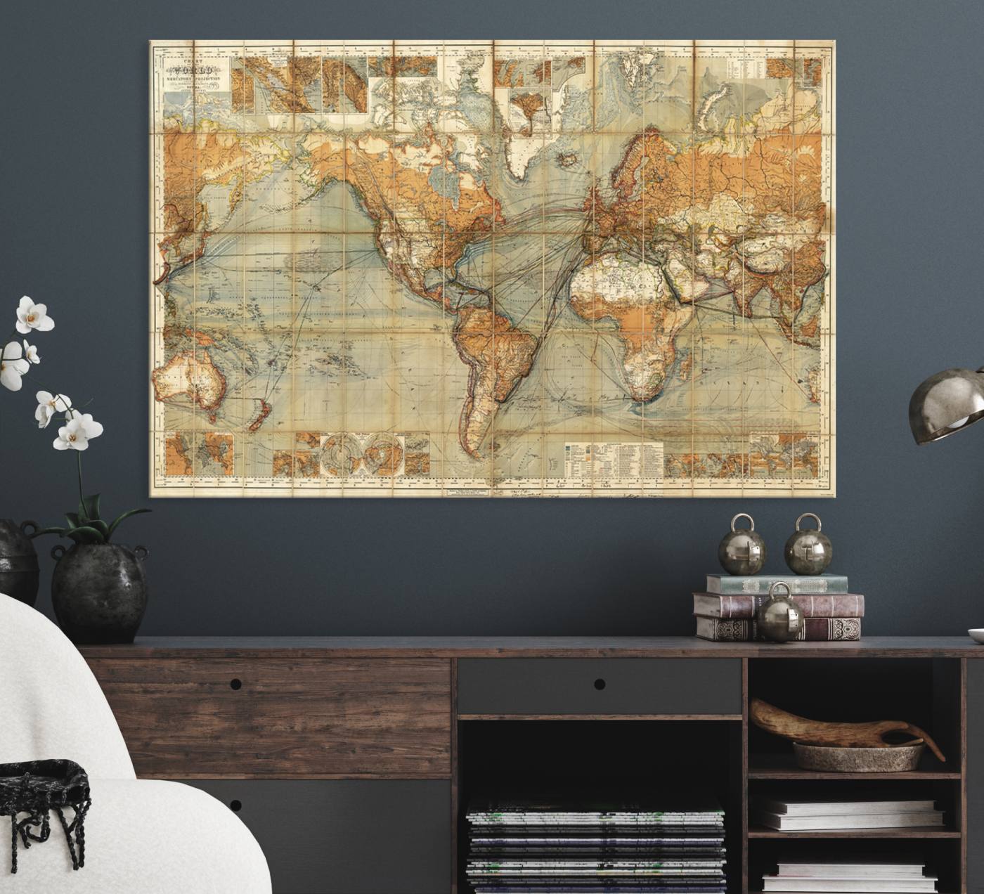 91338-MGV-CV-36X24-Chart of the World on Mercator Vintage World Map Wall Art Canvas Print, Historical World Map Print, Large Antique World Map Wall Art