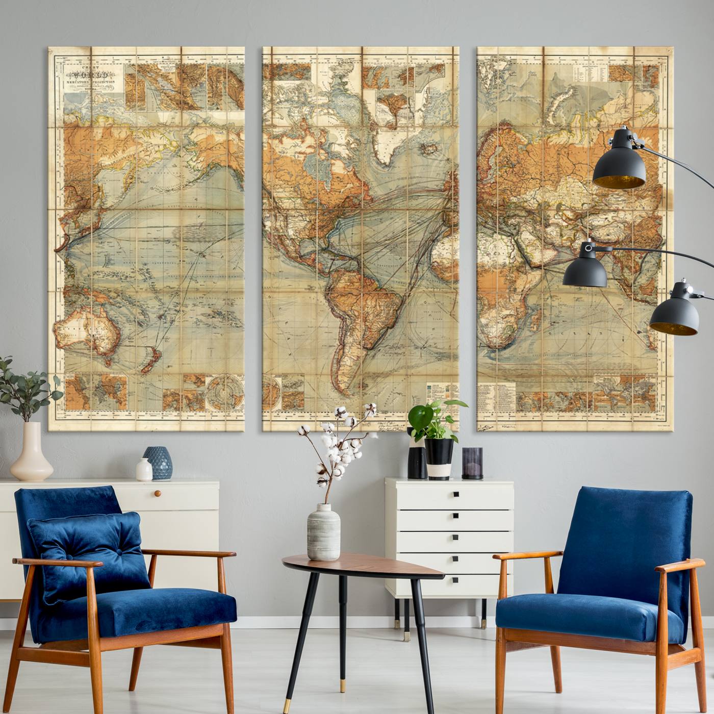 91338-MGV-CV-36X24-Chart of the World on Mercator Vintage World Map Wall Art Canvas Print, Historical World Map Print, Large Antique World Map Wall Art