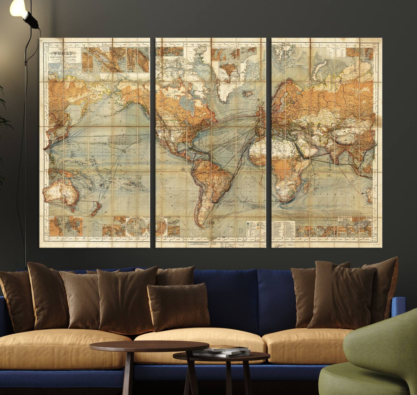 91338-MGV-CV-36X24-Chart of the World on Mercator Vintage World Map Wall Art Canvas Print, Historical World Map Print, Large Antique World Map Wall Art