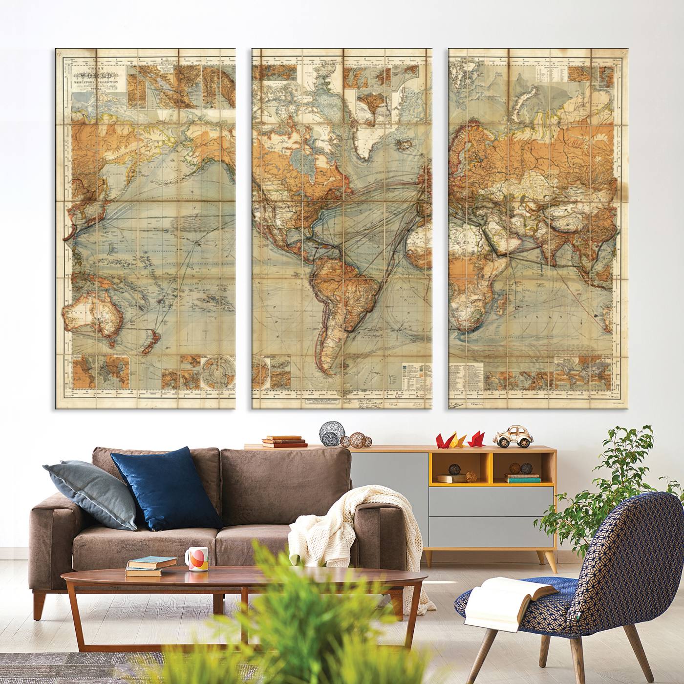 91338-MGV-CV-36X24-Chart of the World on Mercator Vintage World Map Wall Art Canvas Print, Historical World Map Print, Large Antique World Map Wall Art