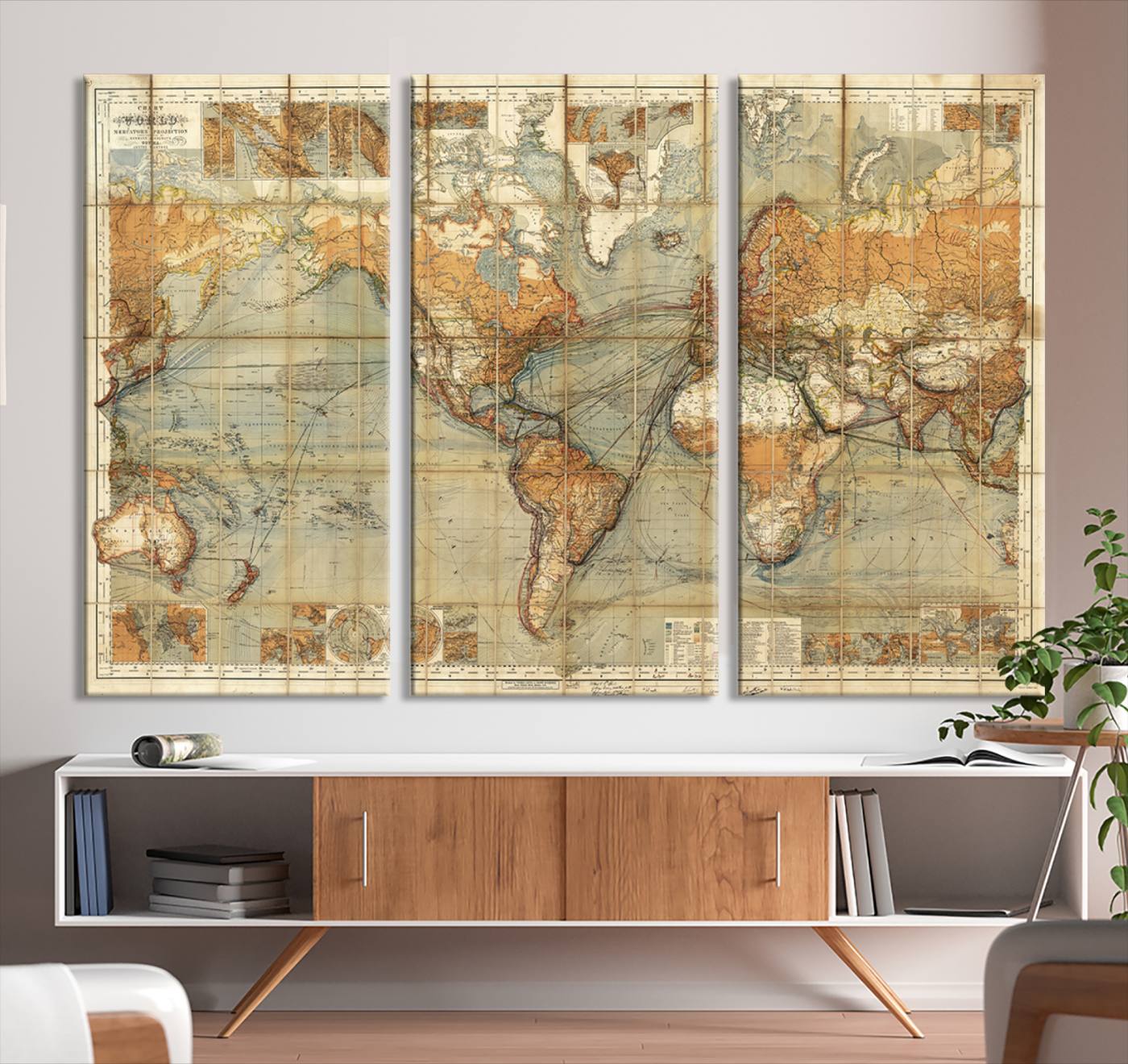 91338-MGV-CV-36X24-Chart of the World on Mercator Vintage World Map Wall Art Canvas Print, Historical World Map Print, Large Antique World Map Wall Art